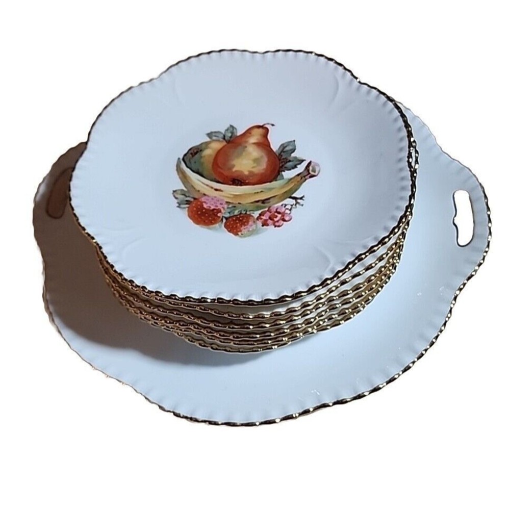 7 PIECE Epiag Royal Czechoslovakia Salad Plate Fruit Leaves Gold Scalloped Rim